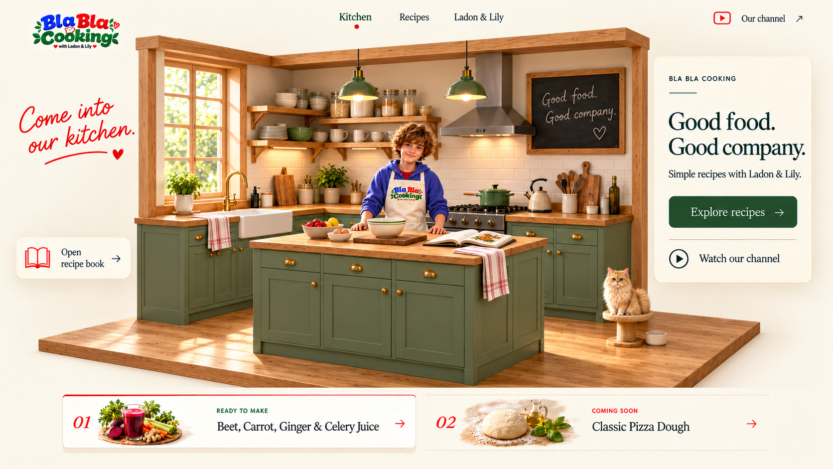 A cutaway miniature kitchen with oak frame, sage cabinets and a wooden island. Ladon, a curly-haired host in a blue hoodie and apron, stands behind a bowl and an open cookbook. Lily, a fluffy cat, sits on her own small perch at the right edge of the wooden floor.